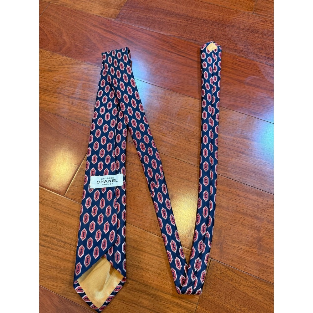 Vintage 60s Georges Chanel Tie Geometric Repeat Pattern | Blue Red | 55"L 3"W - Picture 2 of 5